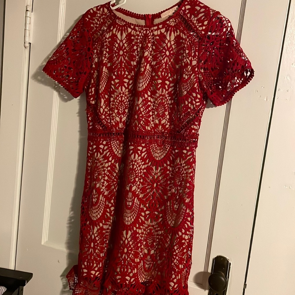 Mini dress, red crochet overlay with nude slip